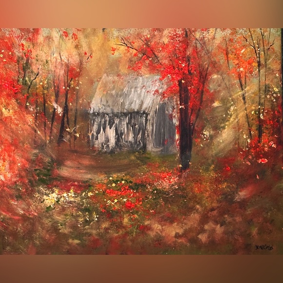 ORIGINAL ACRYLIC AUTUMN BARN PAINTING 20” x 16” inch